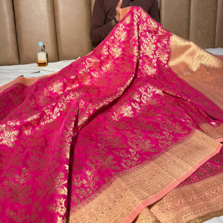 Rani Pink Grand Jaal Weave Soft Georgette Banarasi Saree
