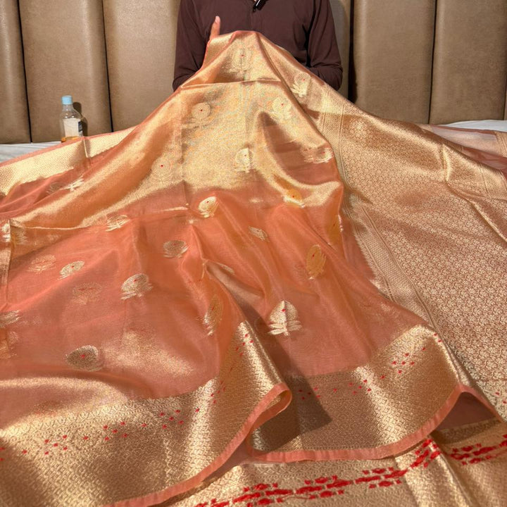 Metallic Peach Meenakari Buta Kora Tissue Saree