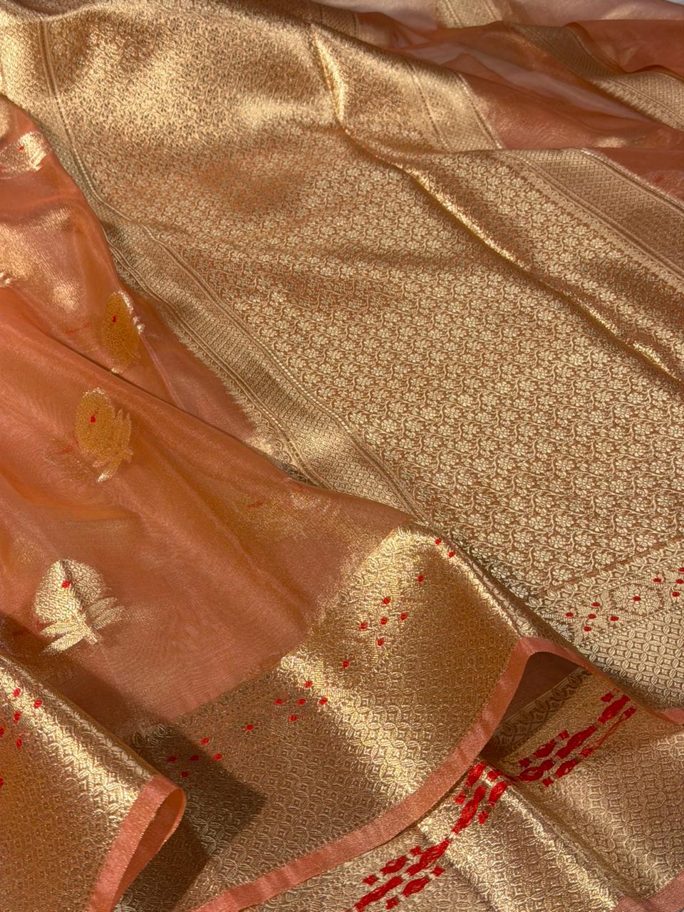 Metallic Peach Meenakari Buta Kora Tissue Saree
