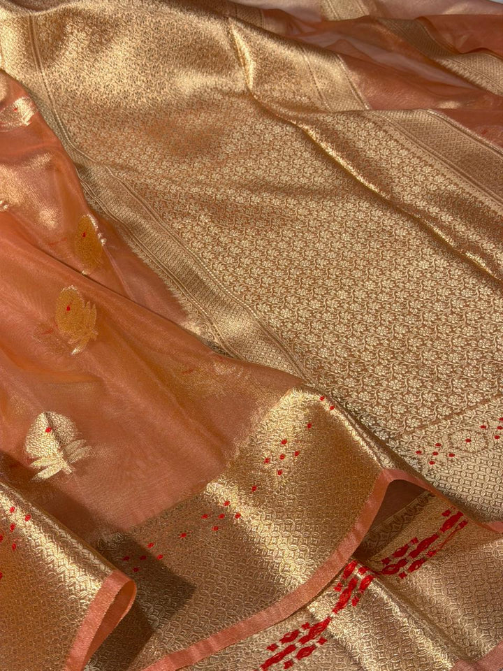 Metallic Peach Meenakari Buta Kora Tissue Saree