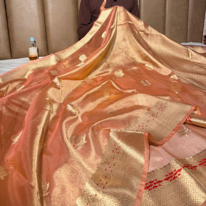 Metallic Peach Meenakari Buta Kora Tissue Saree