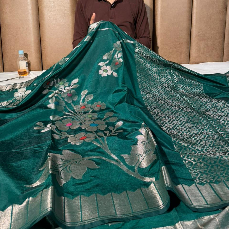 Bottle Green Floral Meenakari Chinia Banarasi Saree