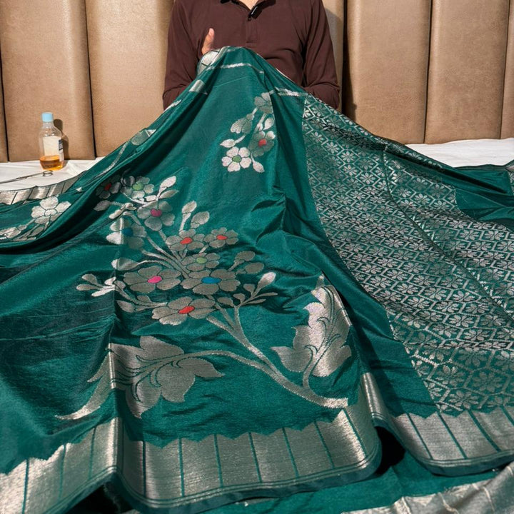 Bottle Green Floral Meenakari Chinia Banarasi Saree