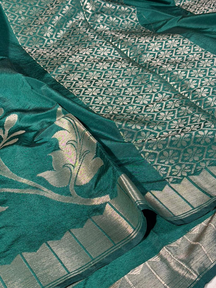 Bottle Green Floral Meenakari Chinia Banarasi Saree