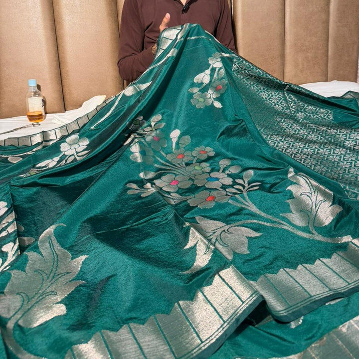Bottle Green Floral Meenakari Chinia Banarasi Saree
