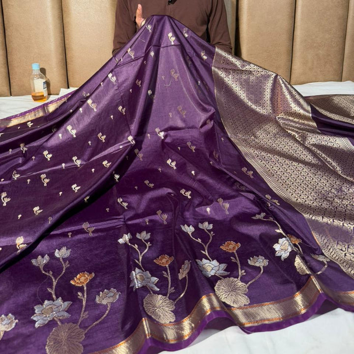 Dusty Purple Floral Border Chinia Silk Banarasi Saree