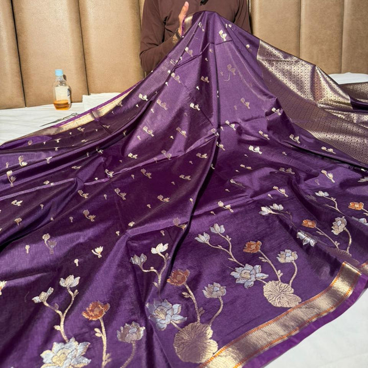 Dusty Purple Floral Border Chinia Silk Banarasi Saree