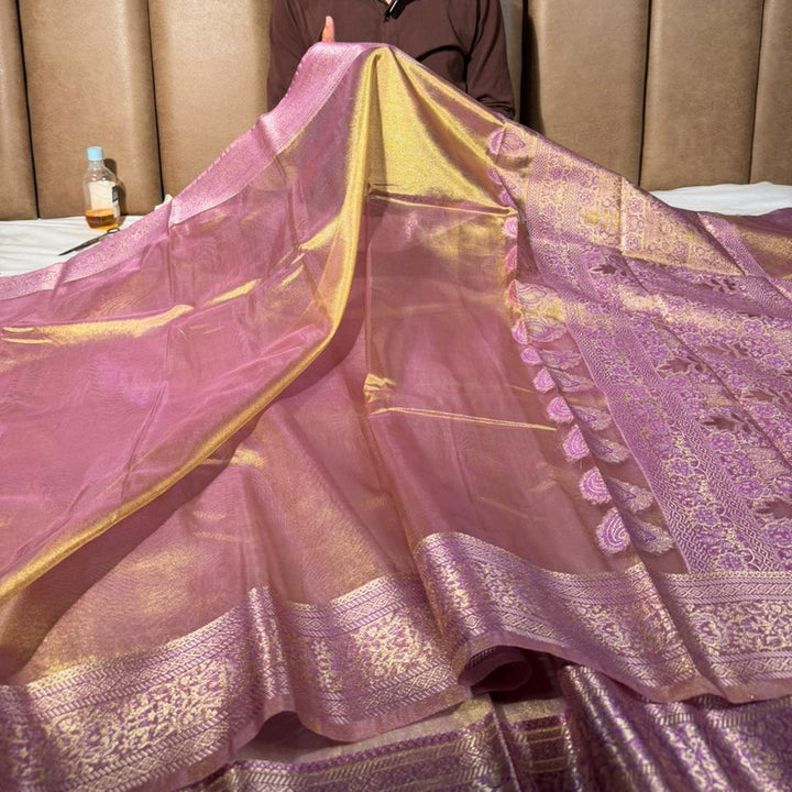 Dhoop Chaon Pink Kora Tissue Embossed Banarasi Saree