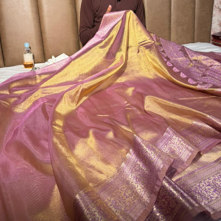 Dhoop Chaon Pink Kora Tissue Embossed Banarasi Saree