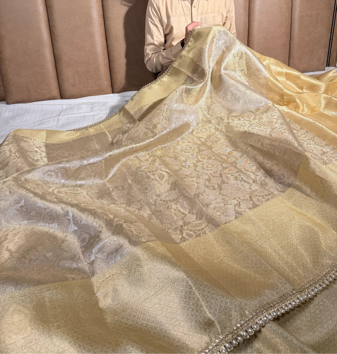 ivory embossed soft tissue silk designer banarasi saree