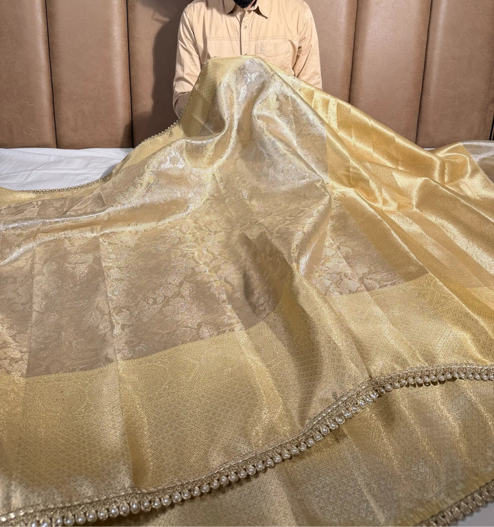 ivory embossed soft tissue silk designer banarasi saree
