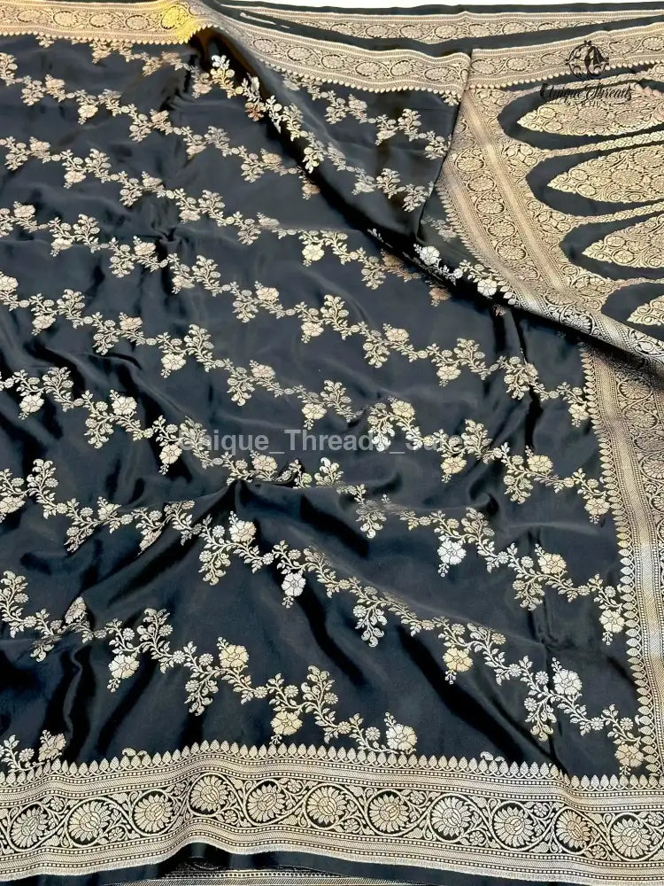 Jet Black Mashru Katan Silk Leheriya Weave Banarasi Saree