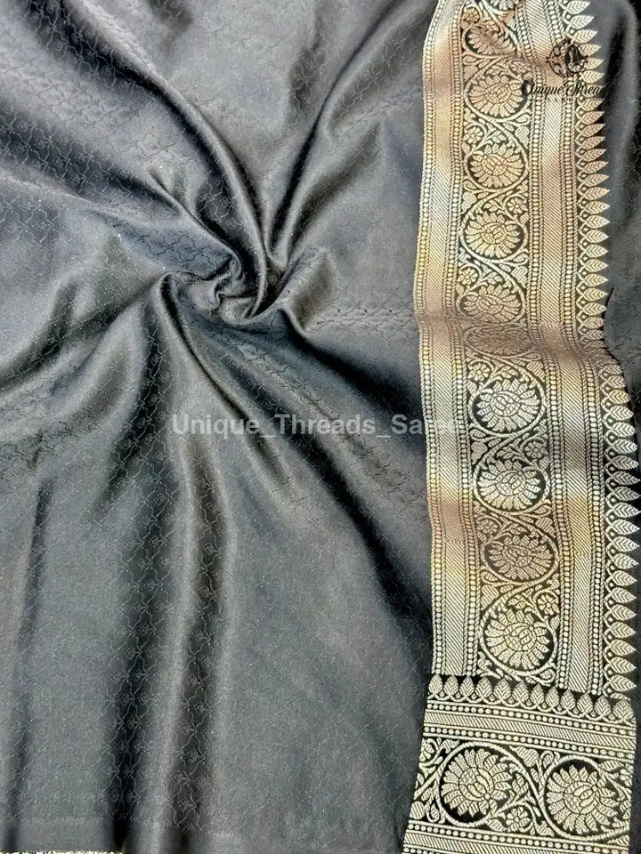 Jet Black Mashru Katan Silk Leheriya Weave Banarasi Saree