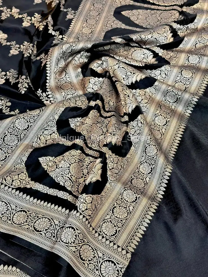 Jet Black Mashru Katan Silk Leheriya Weave Banarasi Saree