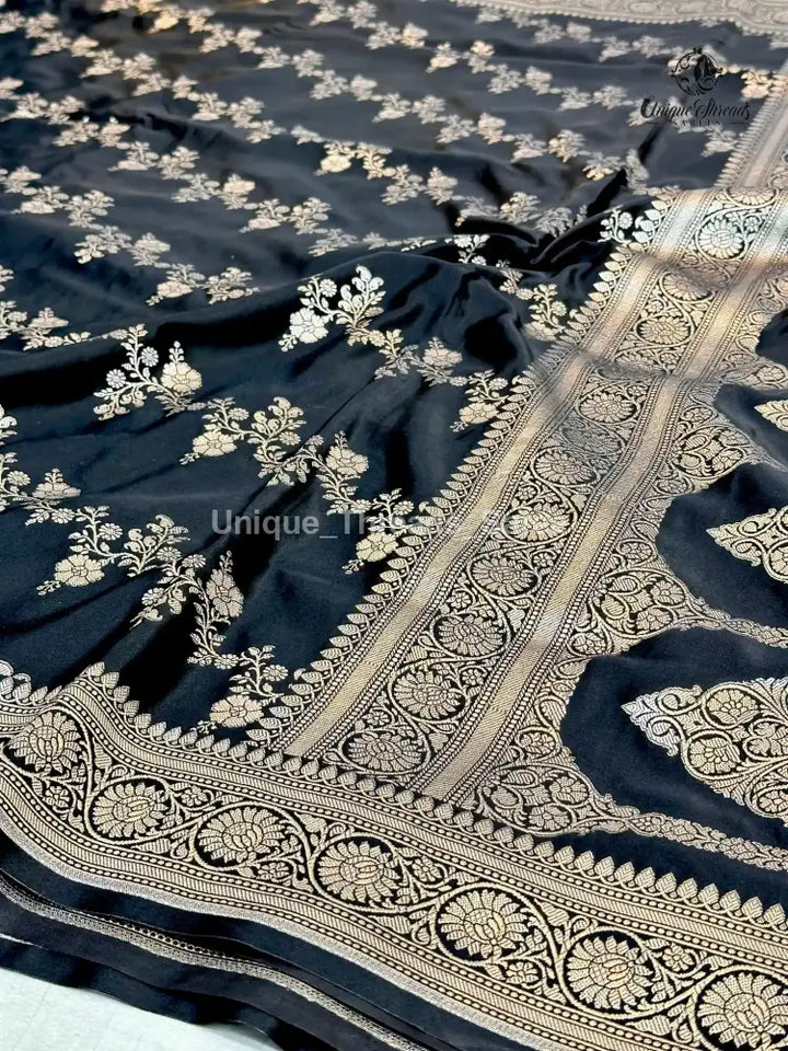 Jet Black Mashru Katan Silk Leheriya Weave Banarasi Saree