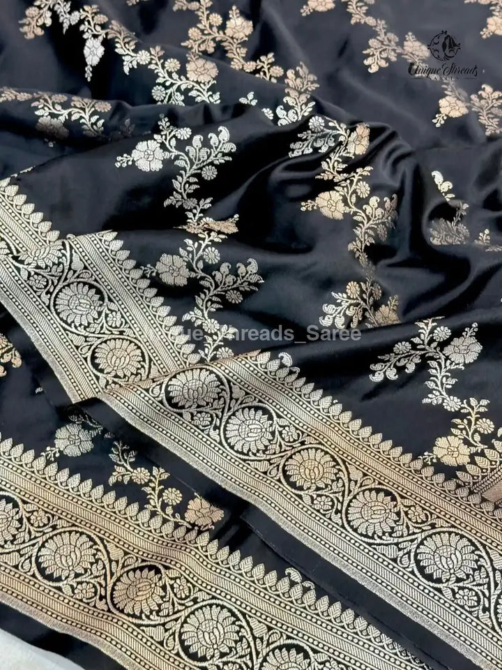 Jet Black Mashru Katan Silk Leheriya Weave Banarasi Saree