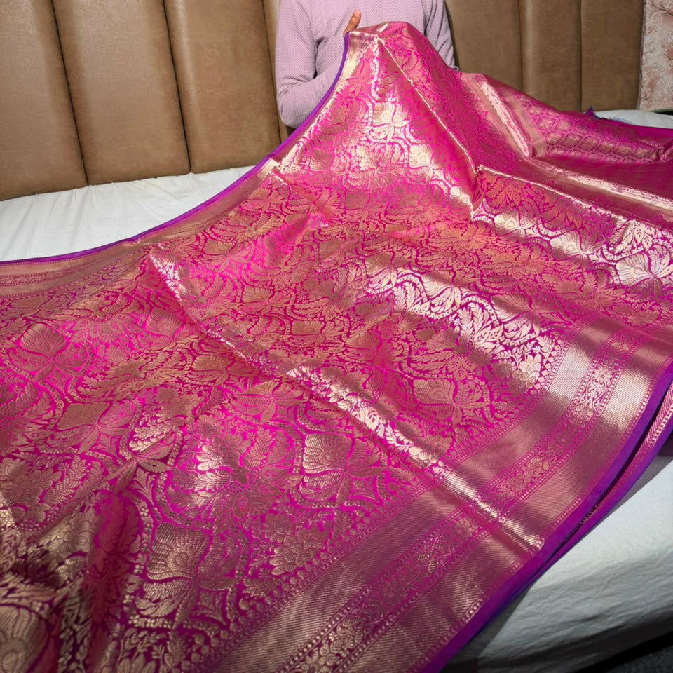 Rani Pink Softsilk Embossed Banarasi Saree