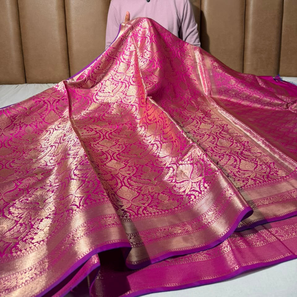 Rani Pink Softsilk Embossed Banarasi Saree
