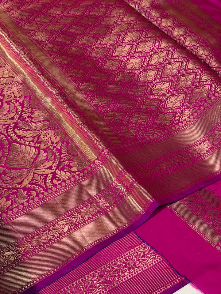 Rani Pink Softsilk Embossed Banarasi Saree