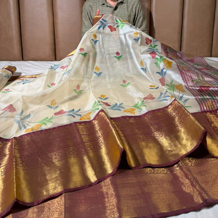 Ivory Soft Tissue Banarasi Saree With Floral Prints 