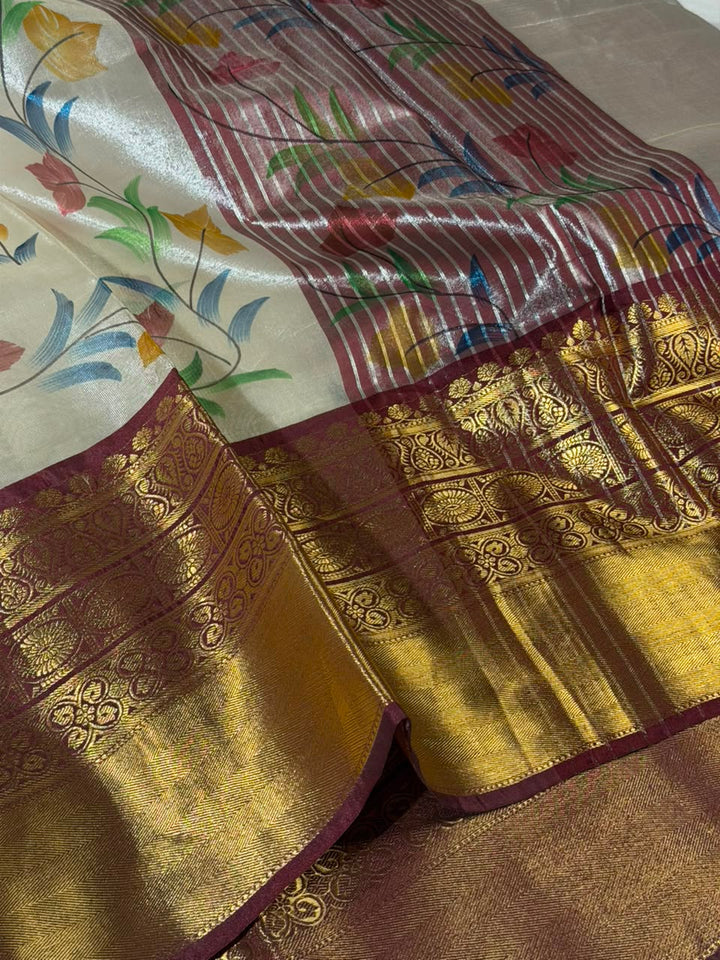 Ivory Soft Tissue Banarasi Saree With Floral Prints 