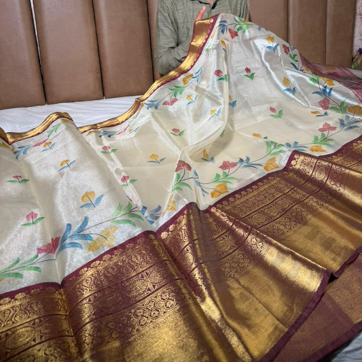 Ivory Soft Tissue Banarasi Saree With Floral Prints 