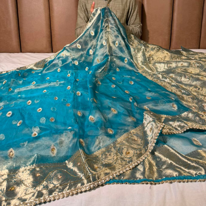 Sea Green Pure Tissue Silk Handwork Saree