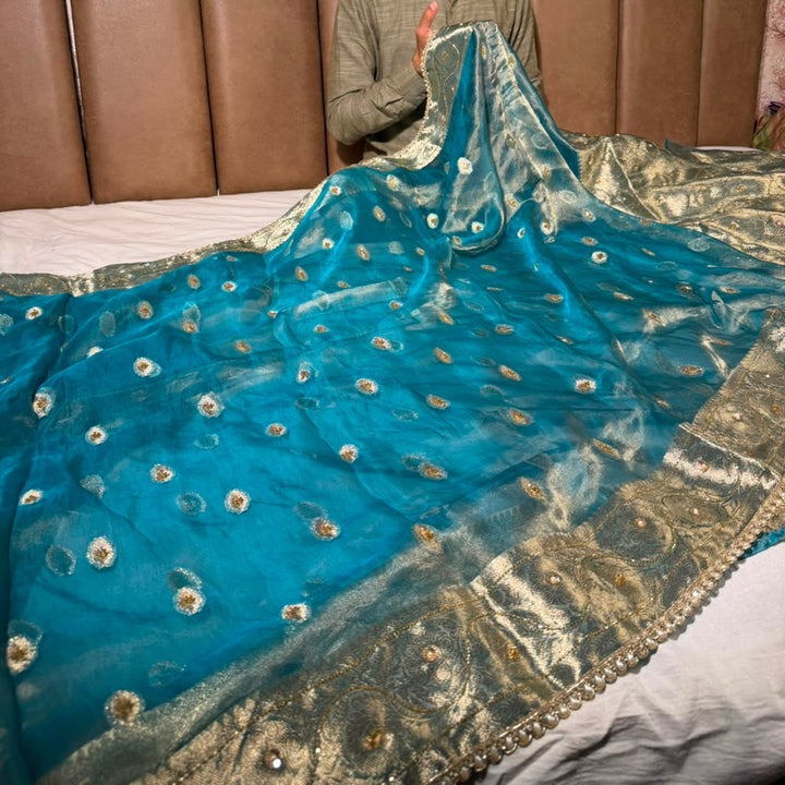 Sea Green Pure Tissue Silk Handwork Saree