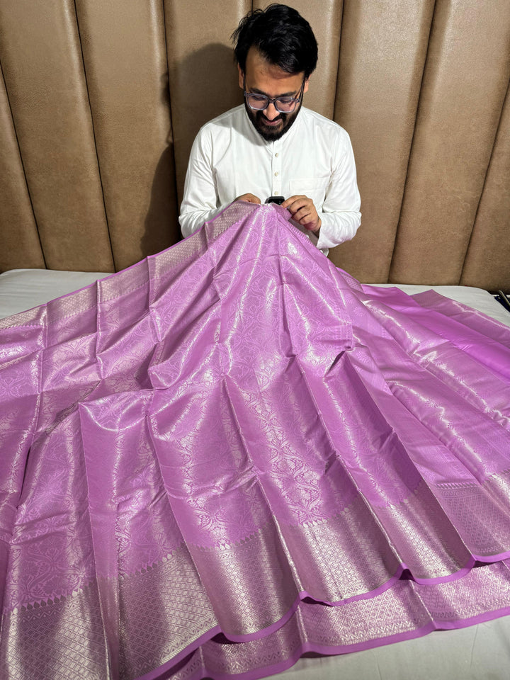 lavandar kanchipuram tissue silk saree with rich pallu