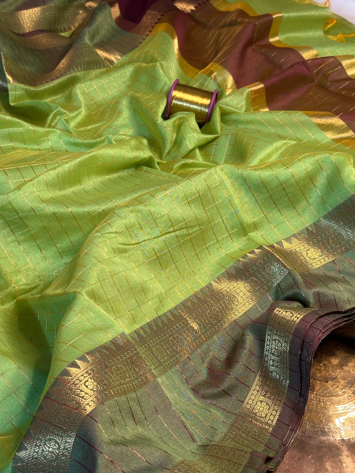 Light Green Checks Weave Cotton Banarasi Saree