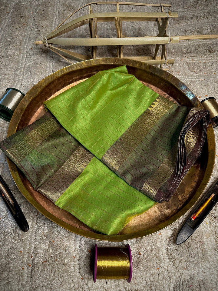 Light Green Checks Weave Cotton Banarasi Saree
