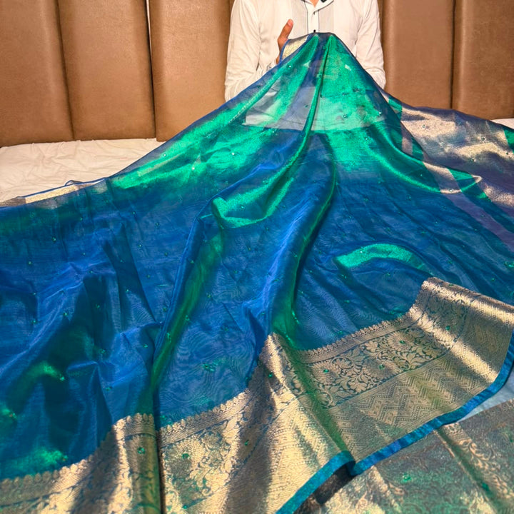 Rare Peacock Shade  Kora Tissue Mirror Work saree