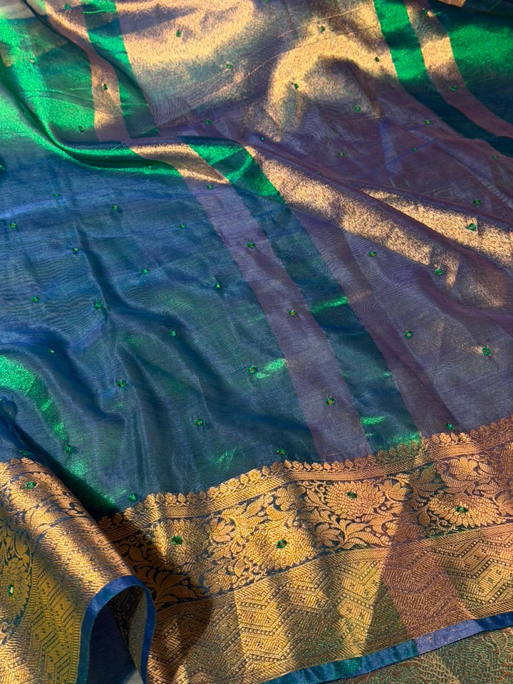 Rare Peacock Shade  Kora Tissue Mirror Work saree