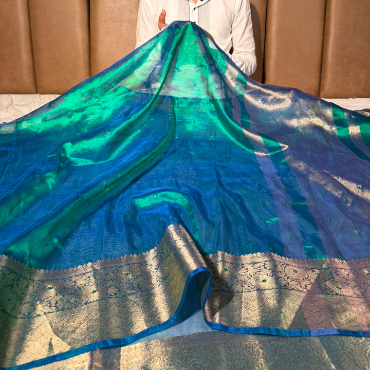 Rare Peacock Shade  Kora Tissue Mirror Work saree