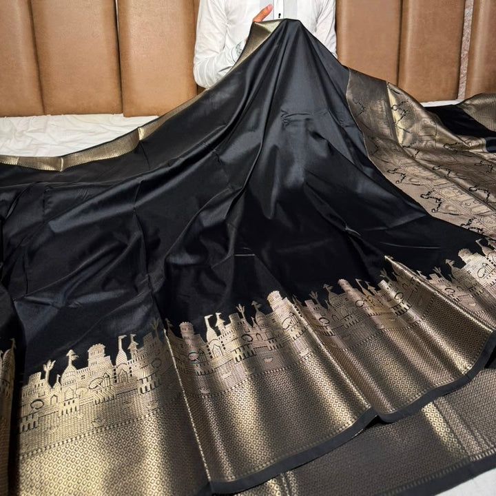 Jet Black Ghats Of Banarasi Soft Banarasi Silk Saree