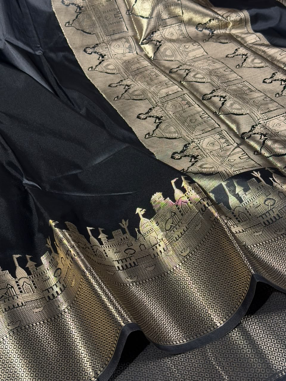 Jet Black Ghats Of Banarasi Soft Banarasi Silk Saree