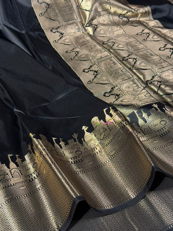Jet Black Ghats Of Banarasi Soft Banarasi Silk Saree