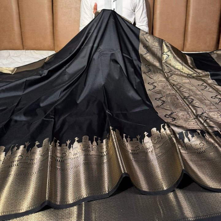 Jet Black Ghats Of Banarasi Soft Banarasi Silk Saree