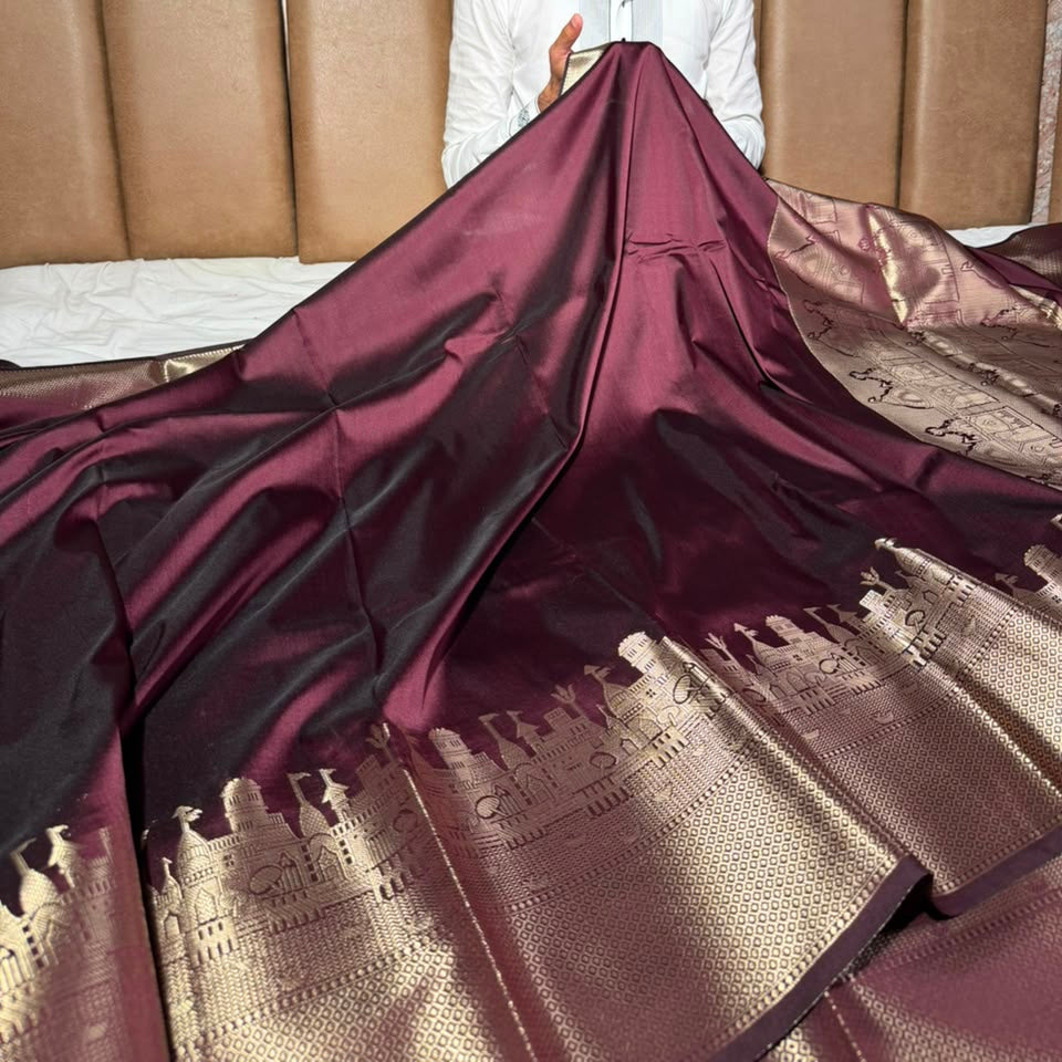 Jet Wine Ghats Of Banarasi Soft Banarasi Silk Saree