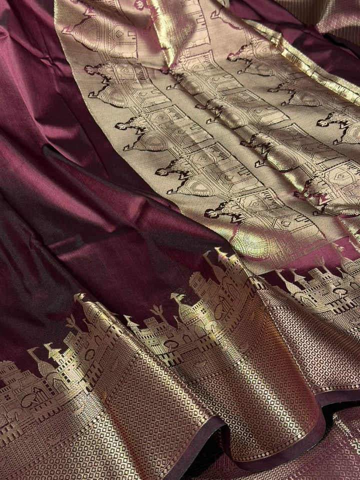Jet Wine Ghats Of Banarasi Soft Banarasi Silk Saree
