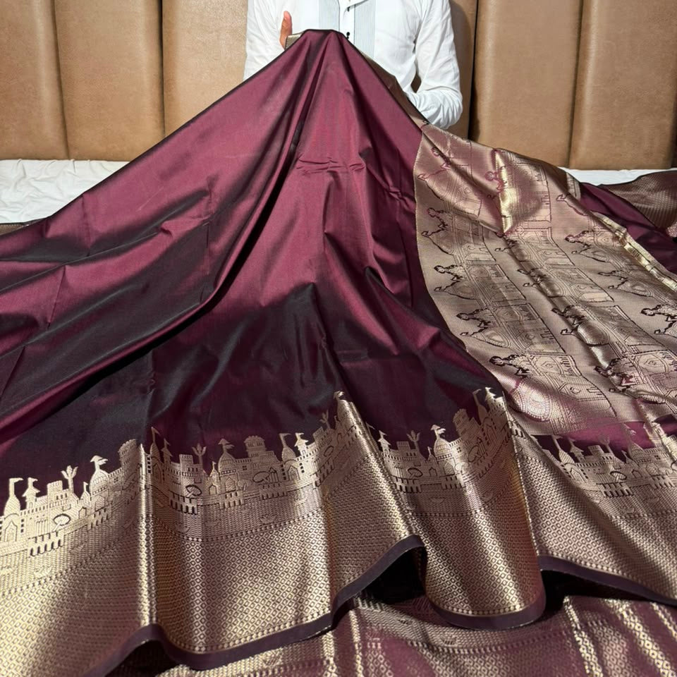 Jet Wine Ghats Of Banarasi Soft Banarasi Silk Saree