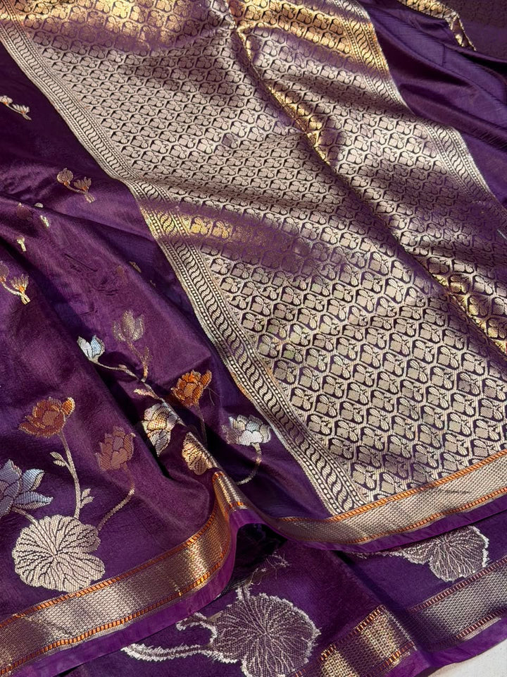 Bright Lavender Floral Border Chinia Silk Banarasi Saree