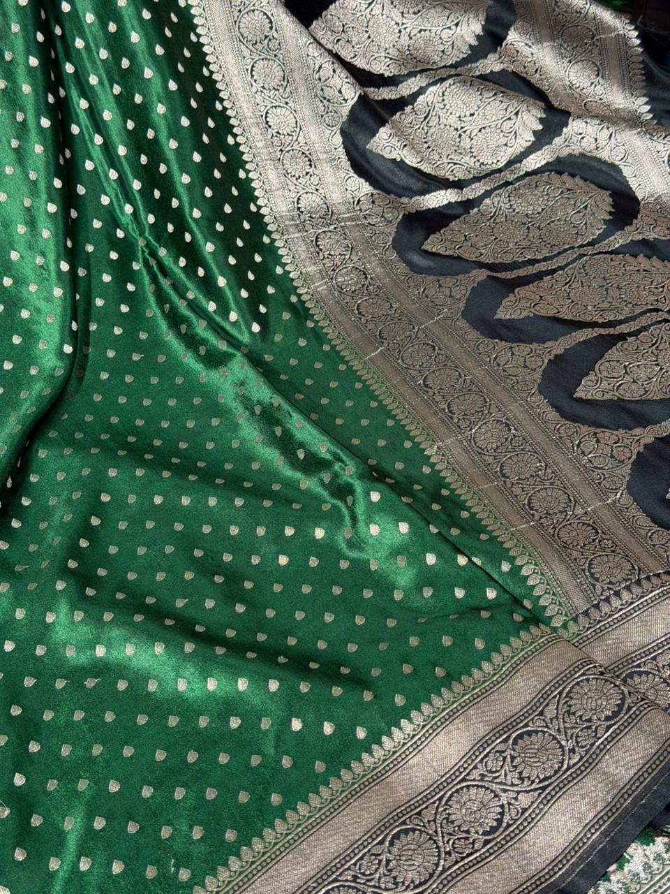 Bottle Green Mashru Katan Silk Buti Banarasi Saree