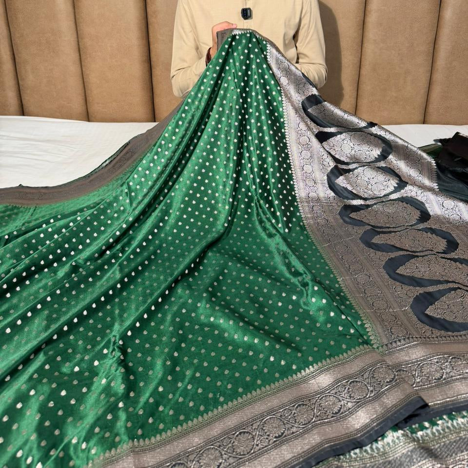 Bottle Green Mashru Katan Silk Buti Banarasi Saree