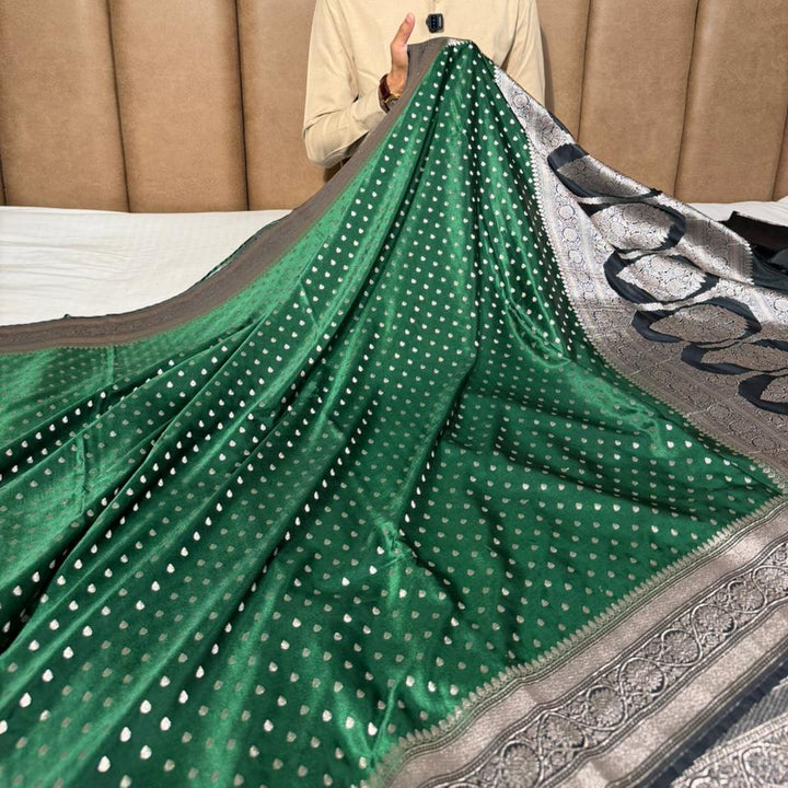Bottle Green Mashru Katan Silk Buti Banarasi Saree