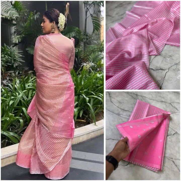 nayanthara mam inspired check katan tissue saree with rich pallu