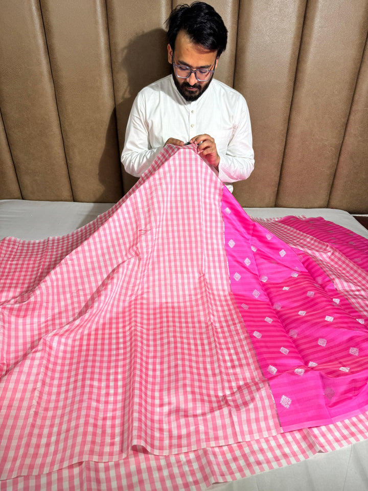 nayanthara mam inspired check katan tissue saree with rich pallu