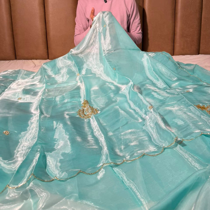 Firozi Shimmery Tissue Handwork Buta Saree