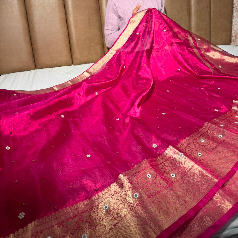 Rani Pink Kora Tissue Handwork Buta Saree