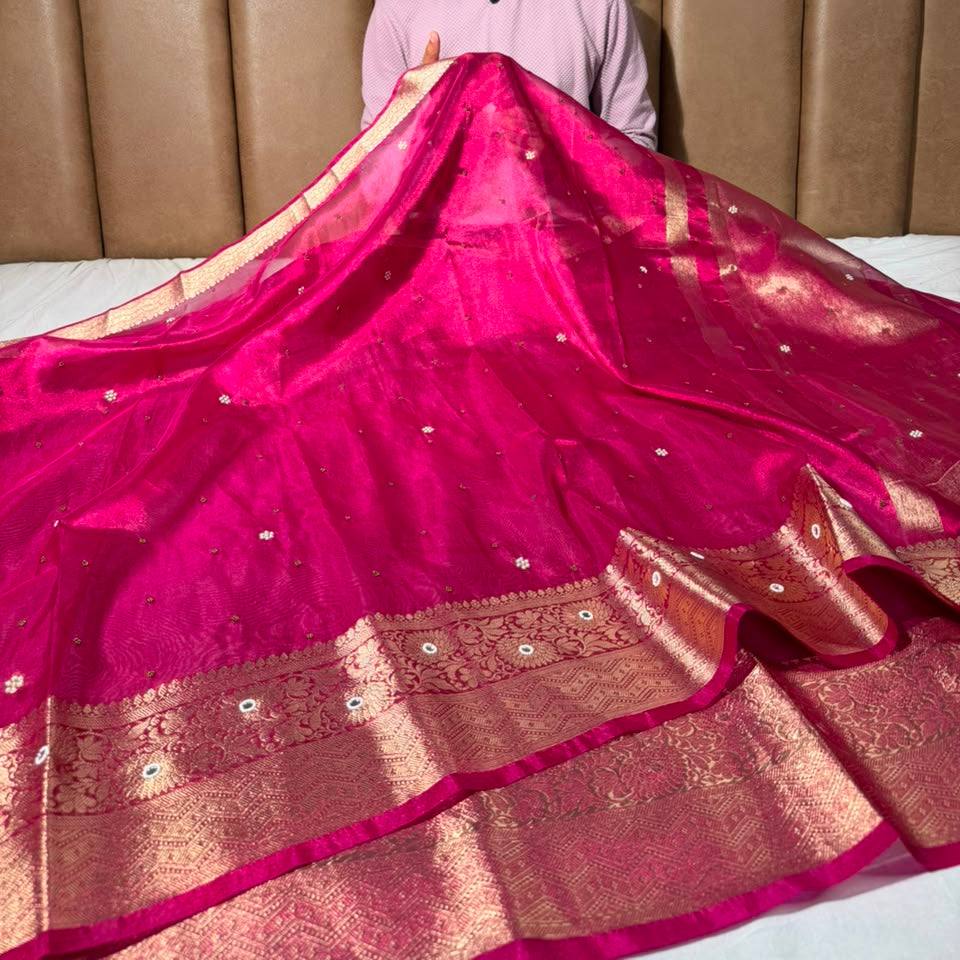 Rani Pink Kora Tissue Handwork Buta Saree
